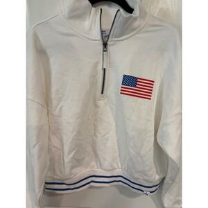 Woman's JoyLab Size Large White 1/4 Zip Pullover Sweatshirt American Flag EUC